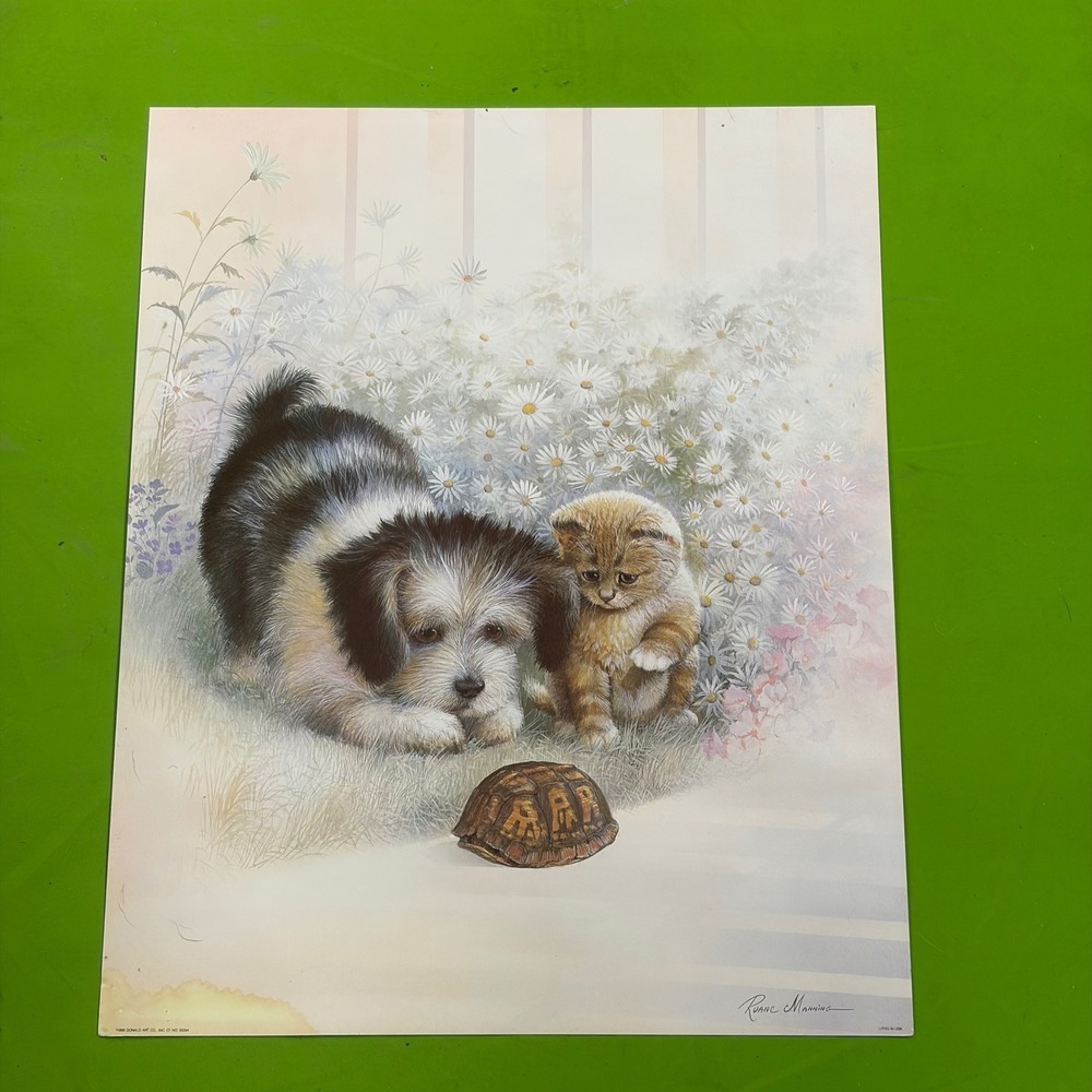 Ruane Manning Puppies Kitten Turtle Lithograph 20x16 Pet Nursery Wall Decor 1986